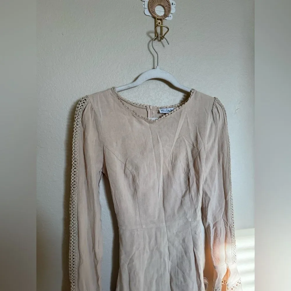 Hello Molly Follow My Lead Linen Mini Dress Sz Small‎ Beige Flare Sleeve NEW